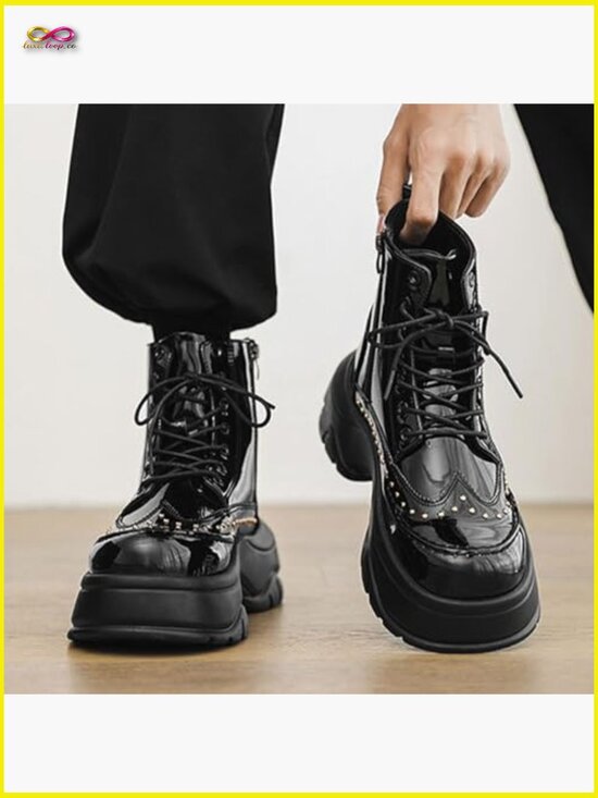 Men\'s Patent Leather Rivet Platform Motorcycle Boots with Side Zipper Fashion main image 7